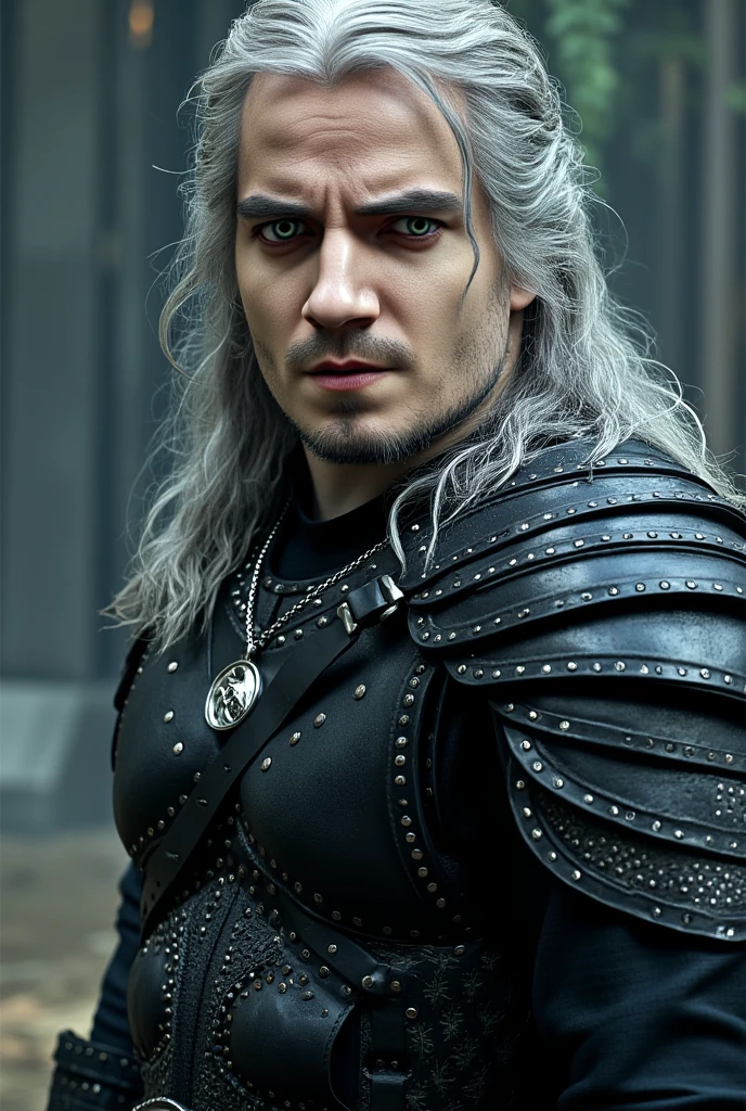 realistic, detailed, white loght hair, front view, white skin, the witcher, blue eyes, muscles, watch to the camera, fantasy, armor, full body visible, 