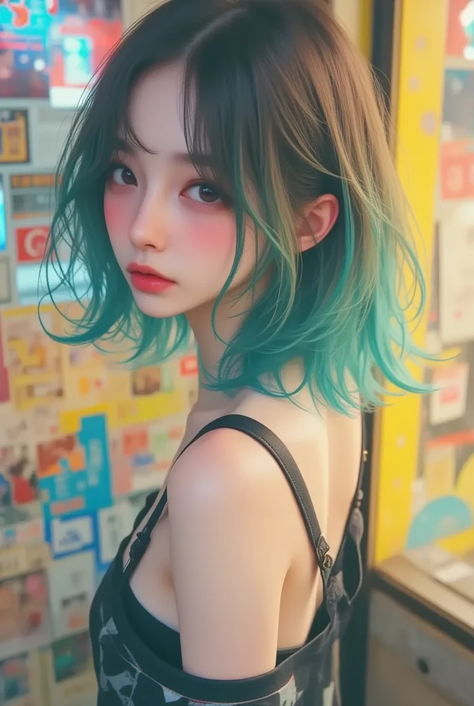 masterpiece, ultra detail, 8k, 1 girl, nostalgic, shiny droopy eyes, droopy eyes, large iris:1.5, big iris:1.5,  Illustrate a portrait of a woman with long, flowing hair dyed in shades of blue and green, reflecting a youthful and vibrant appearance. She wears a graphic sports bra and a loosely tied shirt around her waist, complemented by simple black underwear. The background is cluttered with colorful urban graffiti and Japanese text, giving the scene a lively, street-style vibe.