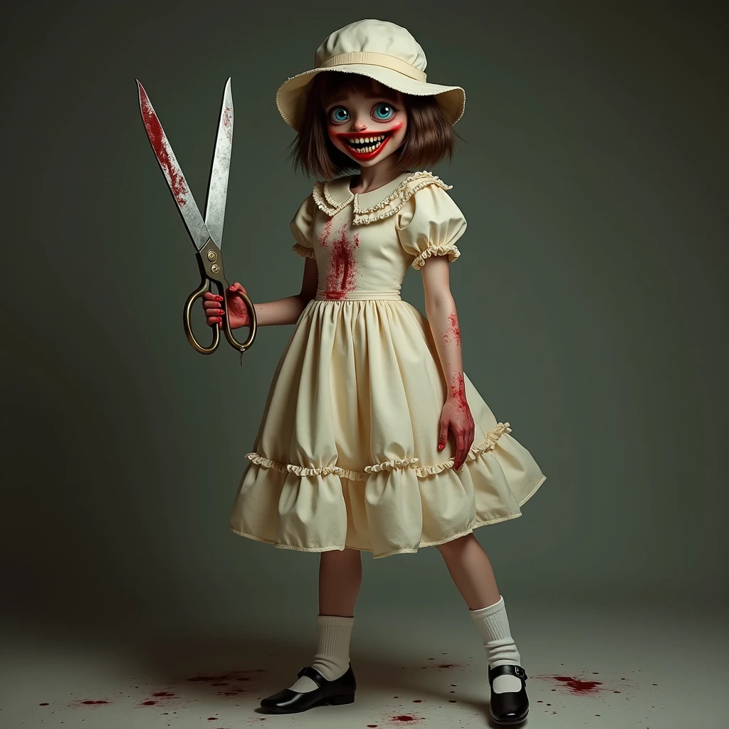 1970s Photograph of a creepy ventriloquist dummy covered in blood with chipped painted skin and bloody hands. Detailed