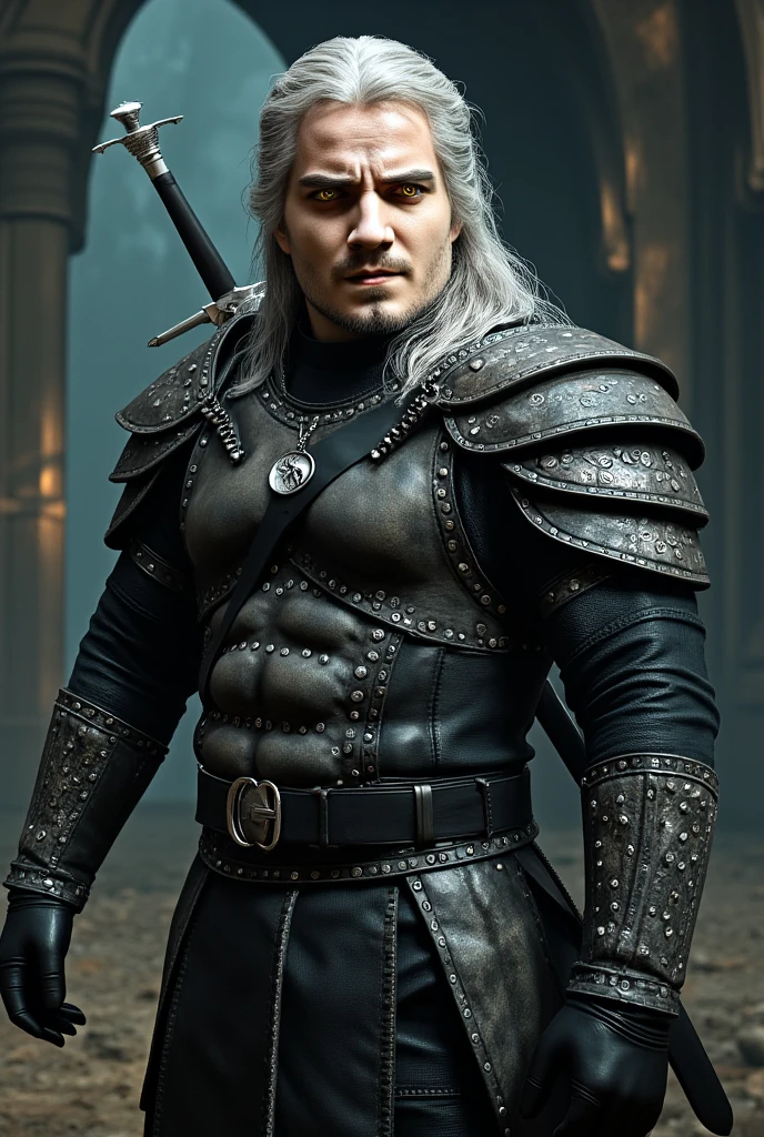 realistic, detailed, white loght hair, front view, white skin, the witcher, blue eyes, muscles, watch to the camera, fantasy, armor, full body visible, yellow eyes, battle pose, sword, 