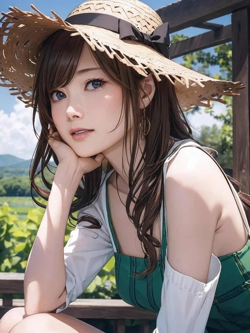  high definition , 8k,  best quality ,  Details,  semi-realistic anime , 3D anime style,  Smooth Anime CG ,  one girl,  20 year old Japanese woman ,  slim, Modeling,  shiny brown hair with closed eyelids,  Detailsな顔, Beautiful and  Details,  GROWING SKIN,  Hard Focus 、 Film Grain ,  soft lighting, Looking at the Audience , Laughter, ( woman in simple dress and straw hat), green々Hillside vineyard 、 under the blue sky、Enjoying wine