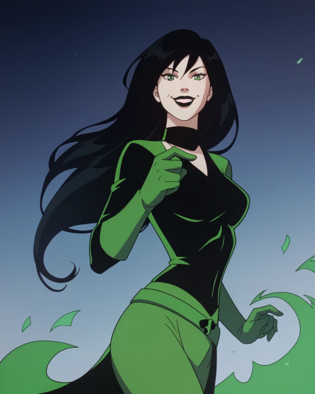 shego, 1girl, solo, long hair, black lips, black hair, green eyes, green bodysuit, green gloves,smile,  very long hair,, score_9, score_8_up, score_7_up, score_6_up, score_5_up, score_4_up, looking at viewer, hand on own hip, cowboy shot,