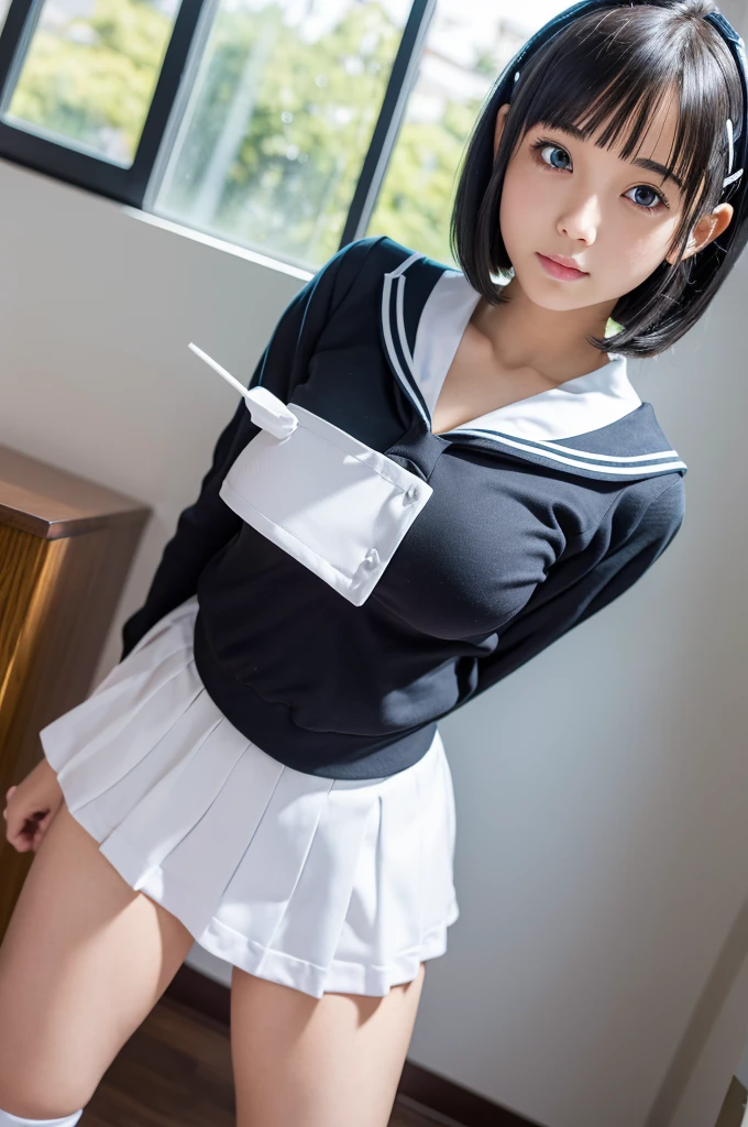 huge , Naoha Kirigaya(sword art online), 1girl, bob hair, hairclip, ​masterpiece、top-quality、white sailor school uniform、huge tit、A sexy、school、dynamic angle, view at camera