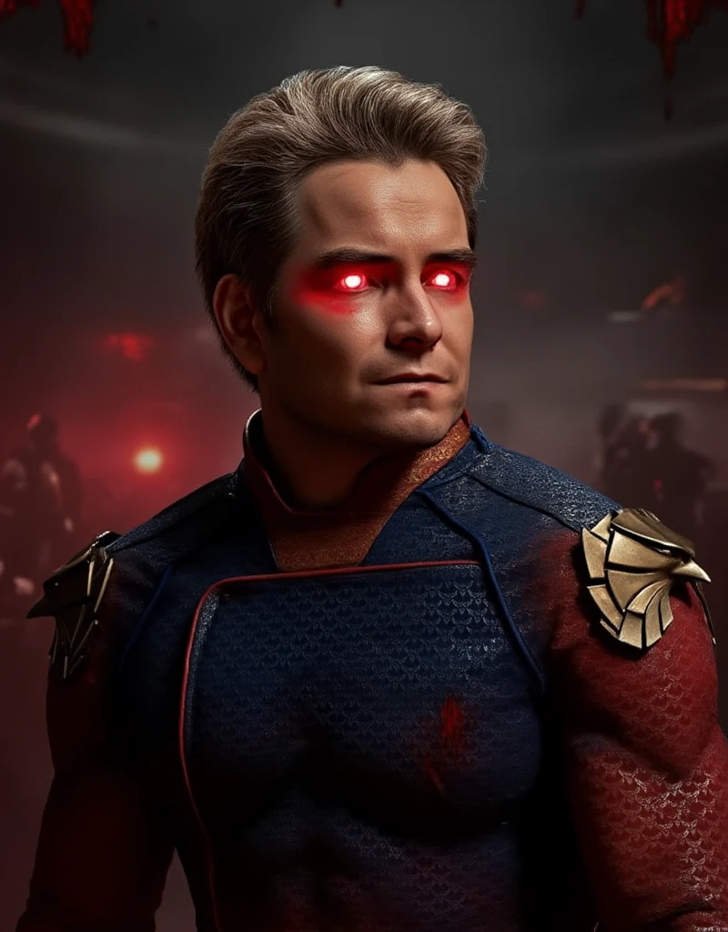 Homelander, red glowing eyes, evil, blood, realistic and detailed, 