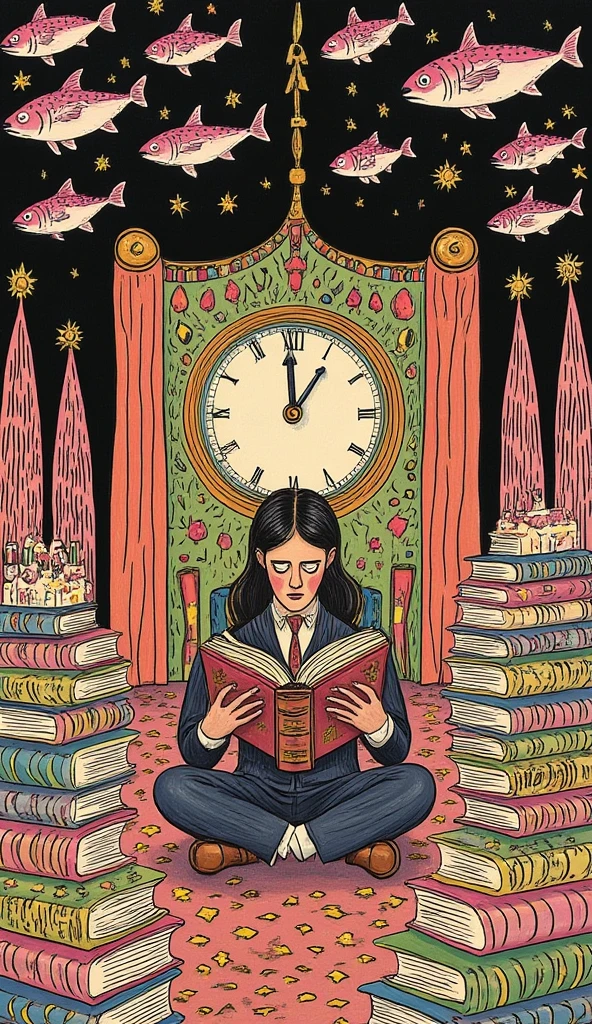 A student sitting in a library at night, surrounded by open books and notebooks, with dark circles under her eyes. She is staring at a clock on the wall with a mix of fear and hopelessness