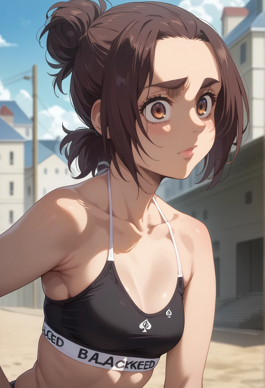 score_9, score_8_up, score_8, source_anime, shingeki_no_kyojin_s4_style, gabi braun, brown eyes, brown hair, single hair bun,      takeda hiromitsu style, small breasts, black bikini that says blacked on it, blacked sports bra, blacked panties, queen of spades tattoo, sexy pose