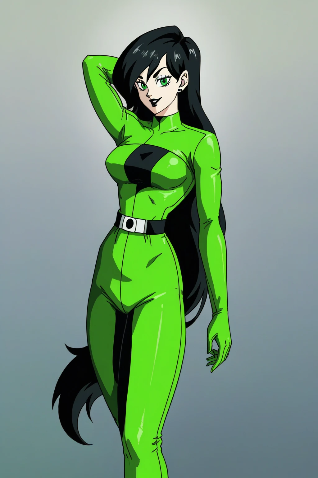 shego, 1girl, solo, long hair, black lips, black hair, green eyes, green bodysuit, green gloves,smile,  very long hair,, score_9, score_8_up, score_7_up, score_6_up, score_5_up, score_4_up, looking at viewer, hand on own hip, cowboy shot,