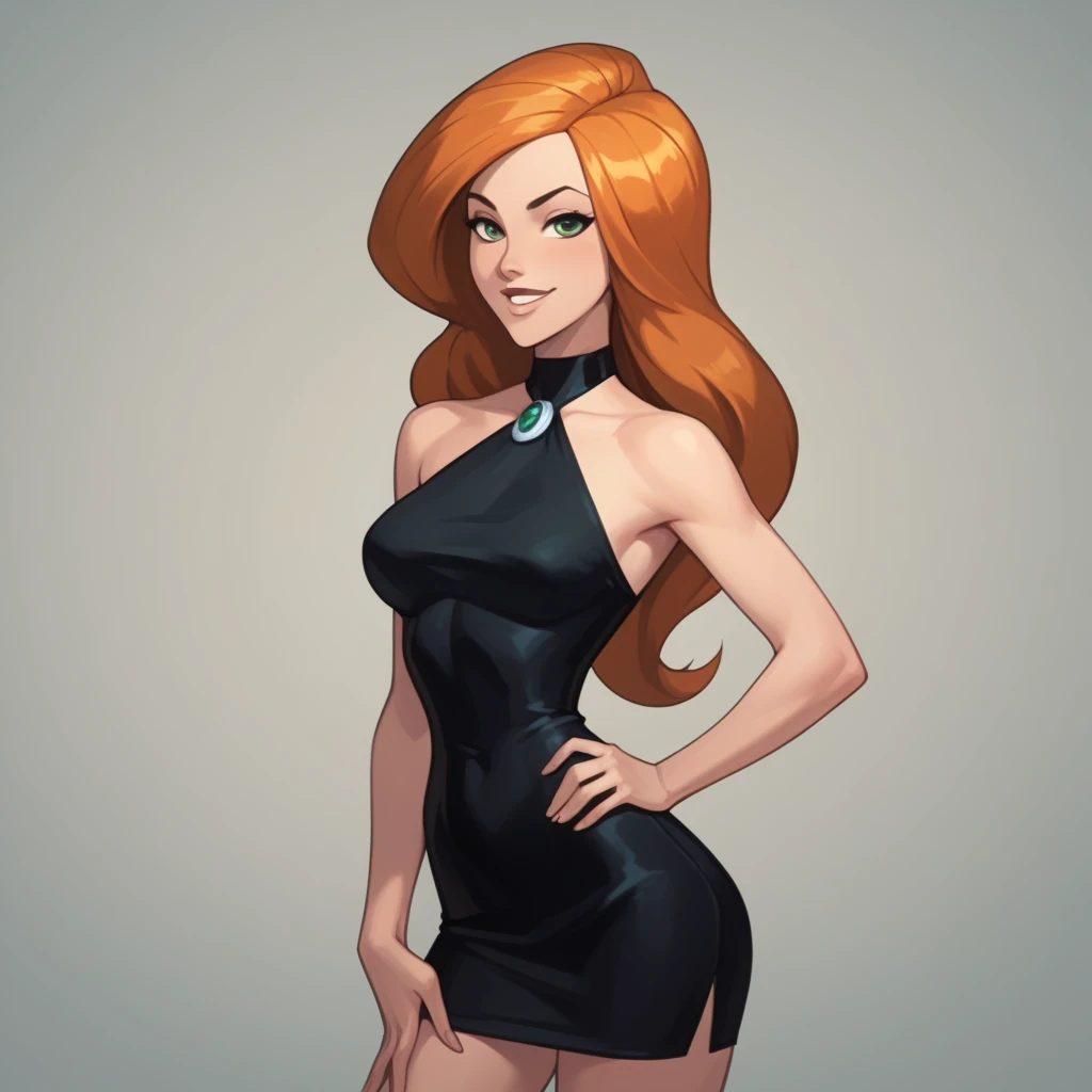 kim_possible, black_dress, short_dress, hand_on_own_hip, solo, seductive_smile,