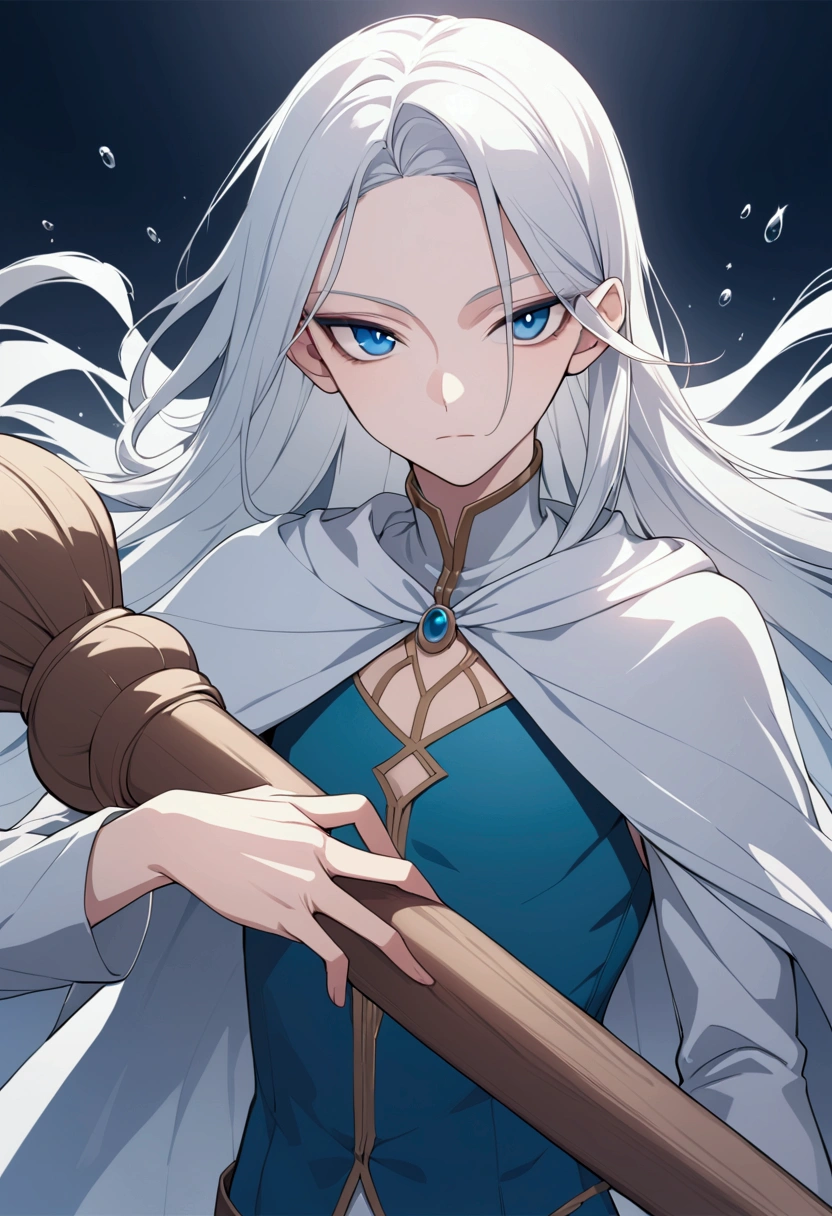 portraite, (best qualityer, high resolution), Cao Cao, Athletic, female, colored fur, pale blue skin, (silver hair), (vibrant blue eyes),(expressive eyes), elf ears, very highly detailed face, breasts big, eyes very detailed, (white gown), dramatic lighting, Epic setting
