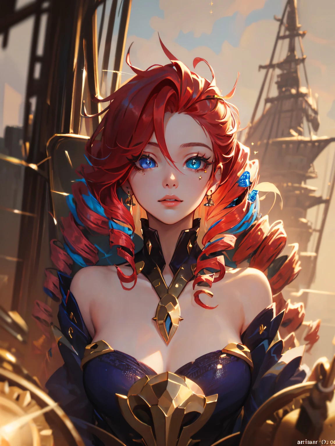 [:(detailed face:1.2):0.2], raw photo, (masterpiece), (best quality), high resolution, (realistic, photorealistic:1.2), ultra detailed, rendering with physical base, 1girl, freckles, large breasts, neckline, upper body, air bangs, starry night, long hair, ((red hair)), wavy hair, bare shoulders, swimsuit, seaside, lots of sun --auto --s2