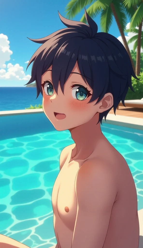 (absurdres, highres, ultra detailed, HDR), masterpiece, intricate, best quality, close-up portrait of a handsome anime character, short hair, original hair, captivating scene , boy enjoying a luxurious poolside. happy face, topless, Incorporate elements of nature, architecture, and the character's unique charm to create a visually stunning and immersive environment.