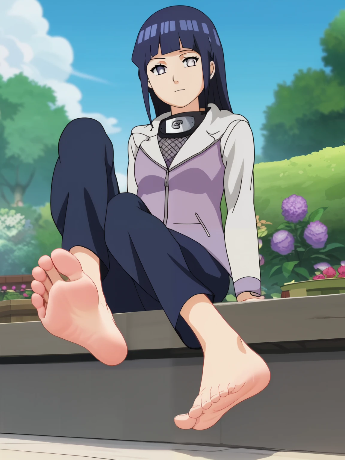 Score_9, score_8_up, source_anime, 1girl, Hinata Hyuga, alone, looking at viewer, in a garden, sitting, cowboy shot, ANIME SCREENCAP, anime coloring, barefoot, perfect feet, anatomically correct, soles, focal length 35mm, each foot has five toes, front, symmetrical soles, foot focus, lifting legs to show her feet, long skinny pants