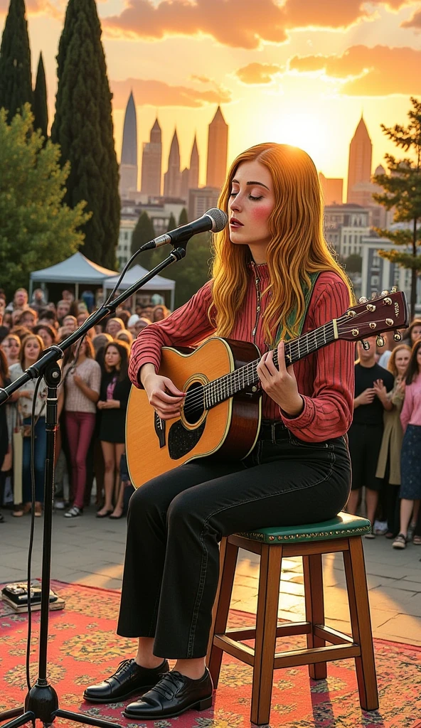 A long-haired woman performing an acoustic rock ballad on an outdoor stage during sunset. She sits on a stool, strumming her guitar and singing into a microphone, with a serene yet intense expression.