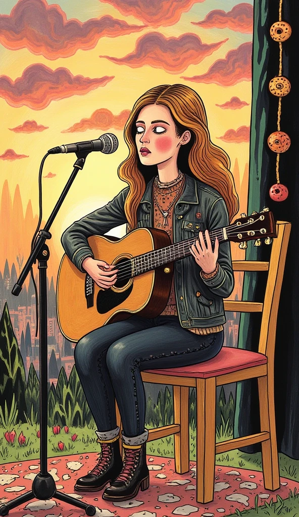 A long-haired woman performing an acoustic rock ballad on an outdoor stage during sunset. She sits on a stool, strumming her guitar and singing into a microphone, with a serene yet intense expression.