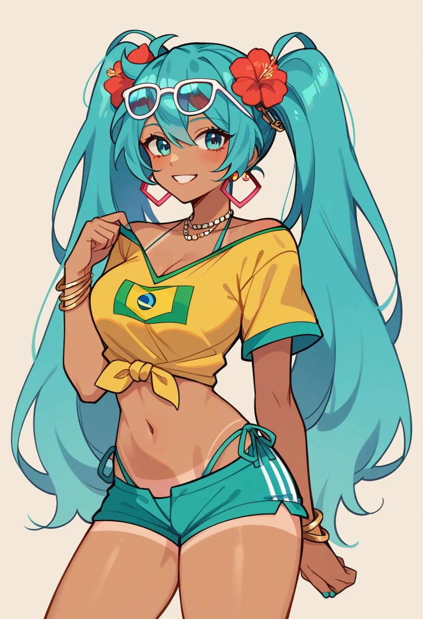 masterpiece, Hatsune Miku, masterpiece, Hatsune Miku, brmeek, twintails, long hair, dark-skinned female, tanlines, hair flower, hoop earrings, eyewear on head, necklace, yellow v neck shirt, midriff, jewelry, belly chain, bracelet, bikini under clothes, side-tie bikini bottom, short shorts, brazilian flag print, single bare shoulder, side tie, tied shirt, nsfw, cleavage, breasts