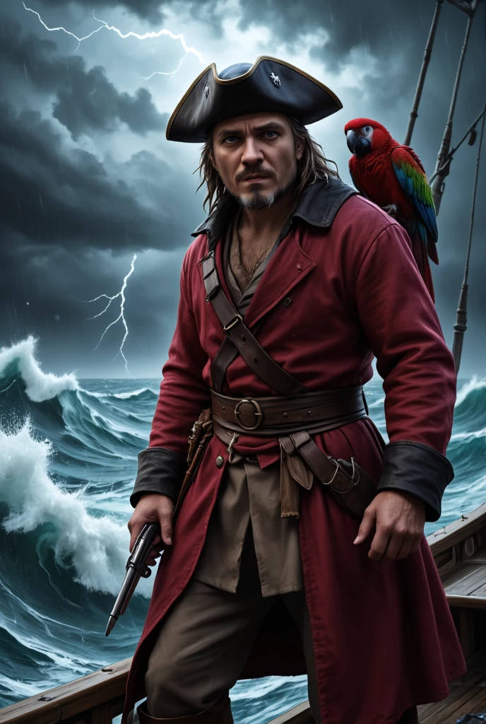 Captain of carribean sea, pirat, rom, pistol, parrot, ship, realistic and detailed, storm