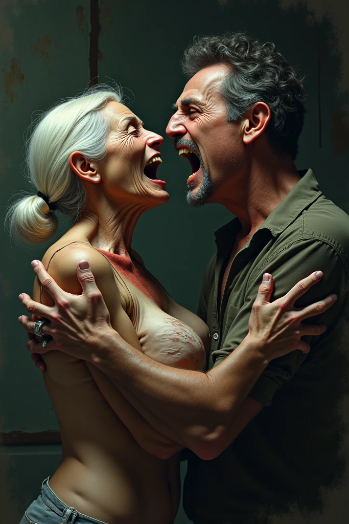 ((best quality)), ((masterpiece)), (detailed), woman aged 70, white hair, sucking young man’s dick, blowjob, oral sex, fellatio