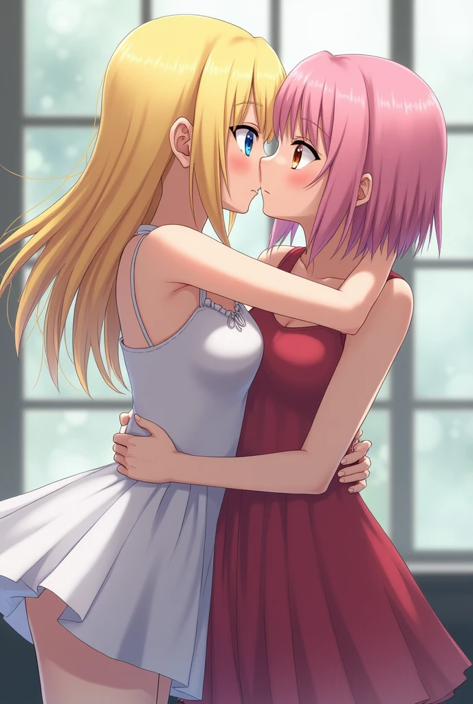 Two young girls touching their crotches under a table, with short dresses. One blonde with long hair and the other with short hair. Medium breasts and their blushing faces