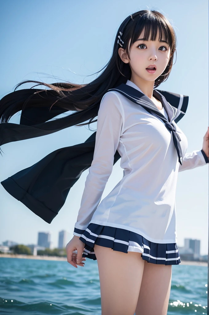 very huge ,  white wet sailor uniform, , Naoha Kirigaya(sword art online), 1girl, bob hair, black hair, hairclip, ​masterpiece, green eyes, top-quality, A sexy、school、dynamic angle, view at camera, half body, open mouth,