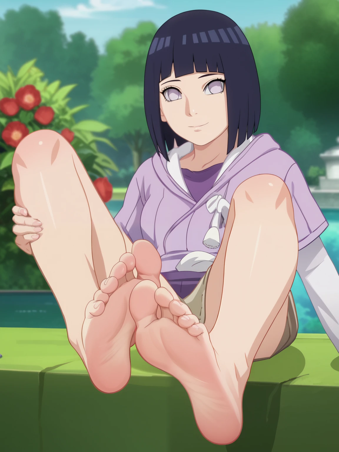 Score_9, score_8_up, source_anime, 1girl, Hinata Hyuga, alone, looking at viewer, in a garden, sitting, cowboy shot, ANIME SCREENCAP, anime coloring, barefoot, perfect feet, anatomically correct, soles, focal length 35mm, each foot has five toes, front, symmetrical soles, foot focus, lifting legs to show her feet