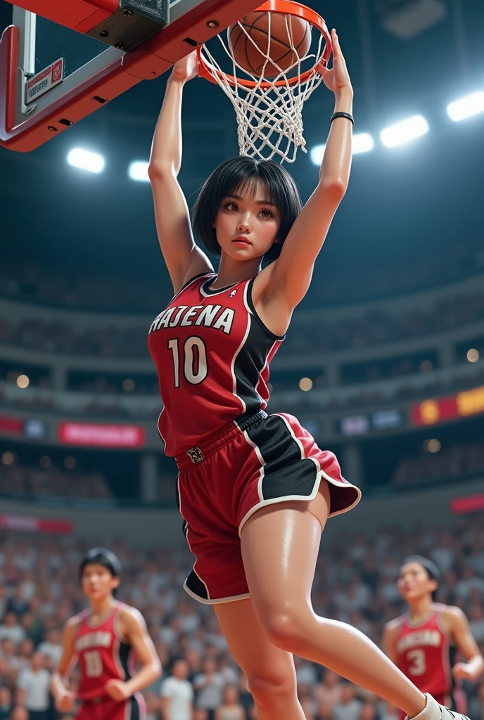 Photorealistic, Ultra realistic, 16k, high quality, cinematic lights, dream atmosphere, dream aesthetic, 1girl, realistically, high resolution, soft light, fair, Tempting, Sexy, White Americans, 18 years old, Tall and thin, Wearing wnba basketball uniform (red and white), stand completely, in the gym, face camera, silky pale-brown hair, flushed skin illuminated, realistic textured skin, realistic shading, sexy basketball tight outfit, tight women's tank top, small shorts, sweaty, large natural breasts, realistic textures, belt, 16k resolution, detailed face and eyes, muscular female body, strong arms, lean belly, big hips, muscular thighs, thick legs, full body, realistic, style-paintmagic, different positions at different types of angles. 