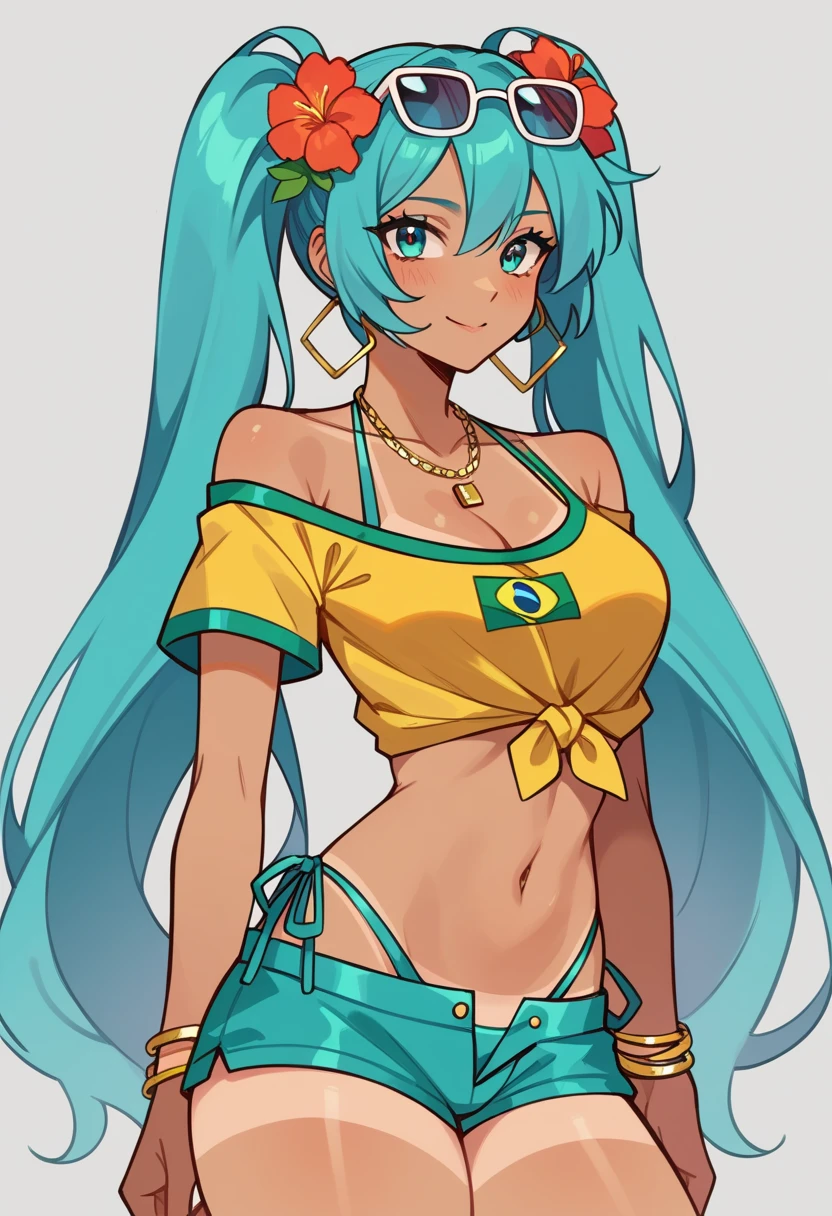 masterpiece, Hatsune Miku, masterpiece, Hatsune Miku, brmeek, twintails, long hair, dark-skinned female, tanlines, hair flower, hoop earrings, eyewear on head, necklace, yellow v neck crop top , midriff, jewelry, belly chain, bracelet, bikini under clothes, side-tie bikini bottom, short shorts, brazilian flag print, single bare shoulder, side tie, tied shirt, nsfw, cleavage, breasts