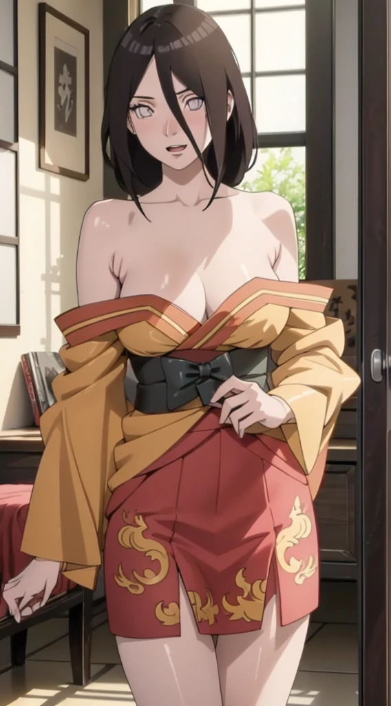 ((((masterpiece, best quality, high resolution)))), 1girl, average breasts, blush, light smile, parted lips, glow, thighs, bare shoulders, collarbone, narrow waist, cleavage, (masterpiece), (beautiful detailed face, beautiful detailed eyes), hanabi\(boruto\)