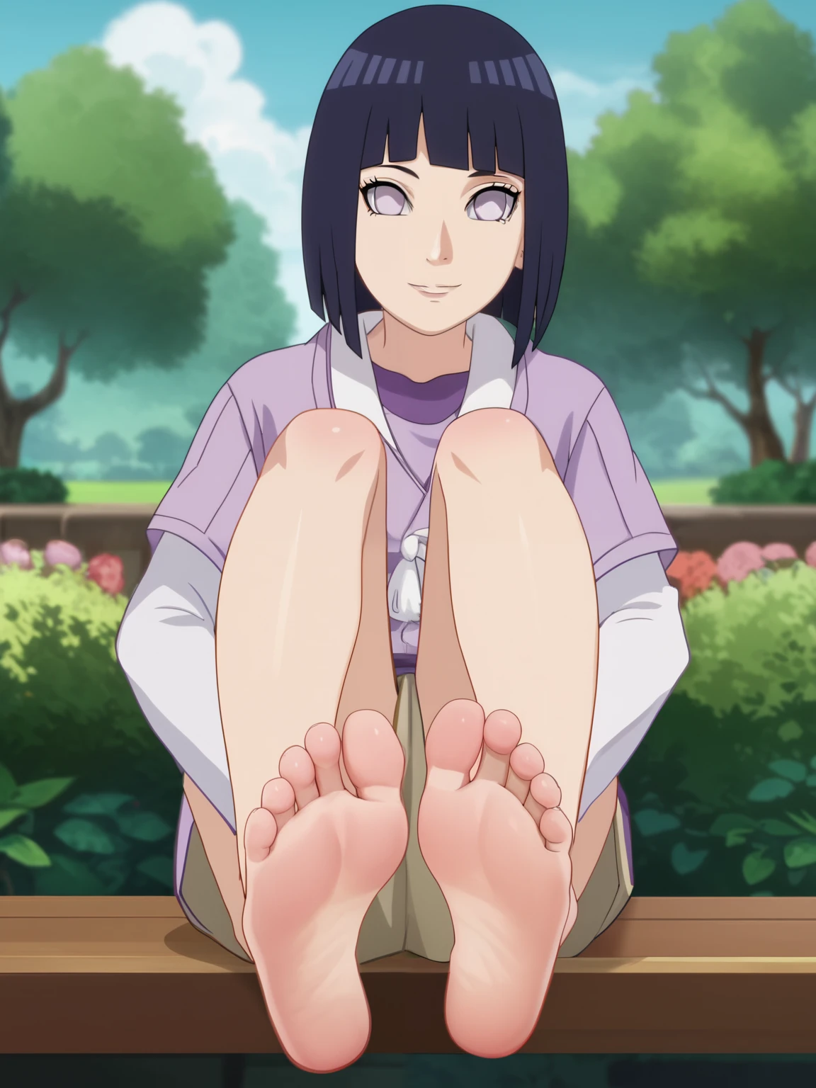 Score_9, score_8_up, source_anime, 1girl, Hinata Hyuga, alone, looking at viewer, in a garden, sitting, cowboy shot, ANIME SCREENCAP, anime coloring, barefoot, perfect feet, anatomically correct, soles, focal length 35mm, each foot has five toes, front, symmetrical soles, foot focus, lifting legs to show her feet