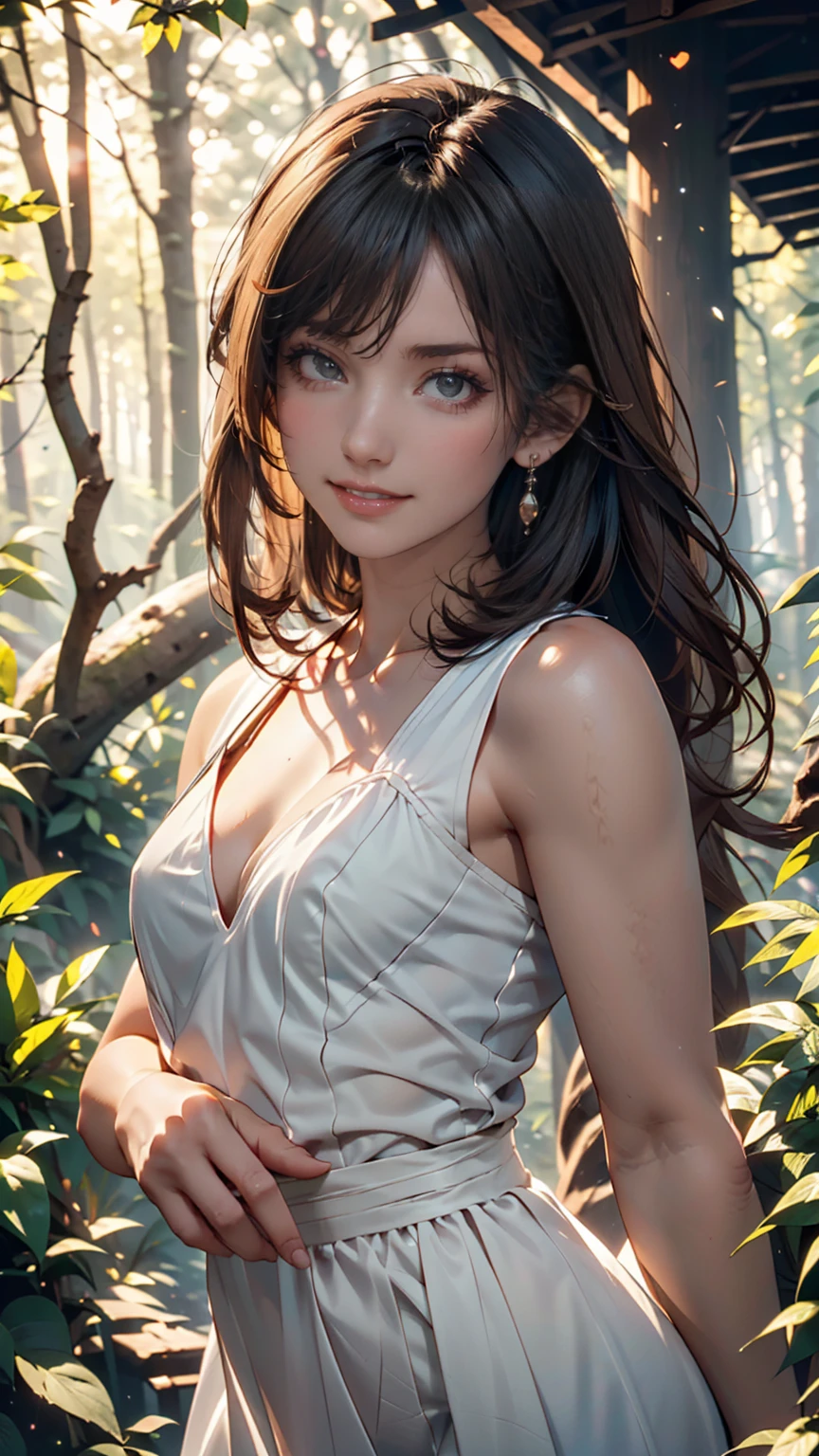 masterpiece, highest quality, Ultra-high resolution, Fluorescent color,, 1 girl, Looking at the audience, Beautiful Face, Beautiful Eyes, (Off the shoulder: 1.2), Lift your head, Upper Body, forest, Shiny Hair, Shiny skin, Shining Cut, Little, Adjusting the Finger Ratio