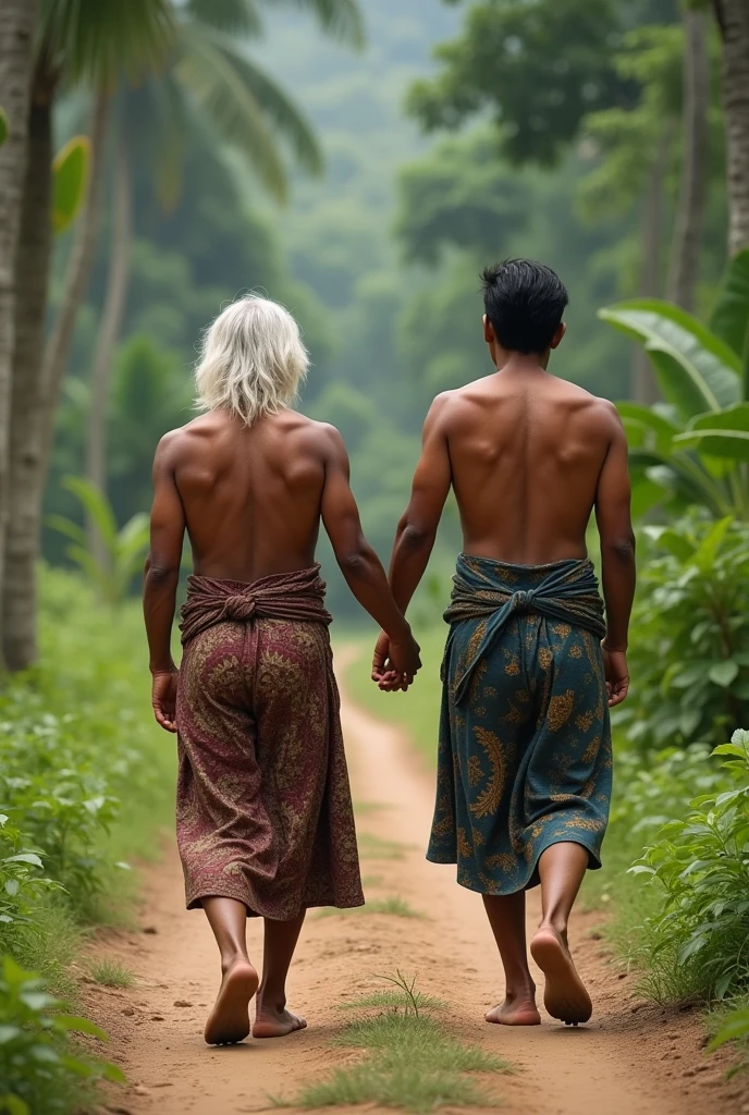 (((Emaciated))), short Indian man (((emaciated, short))) standing in a garden. He is wearing a towel.