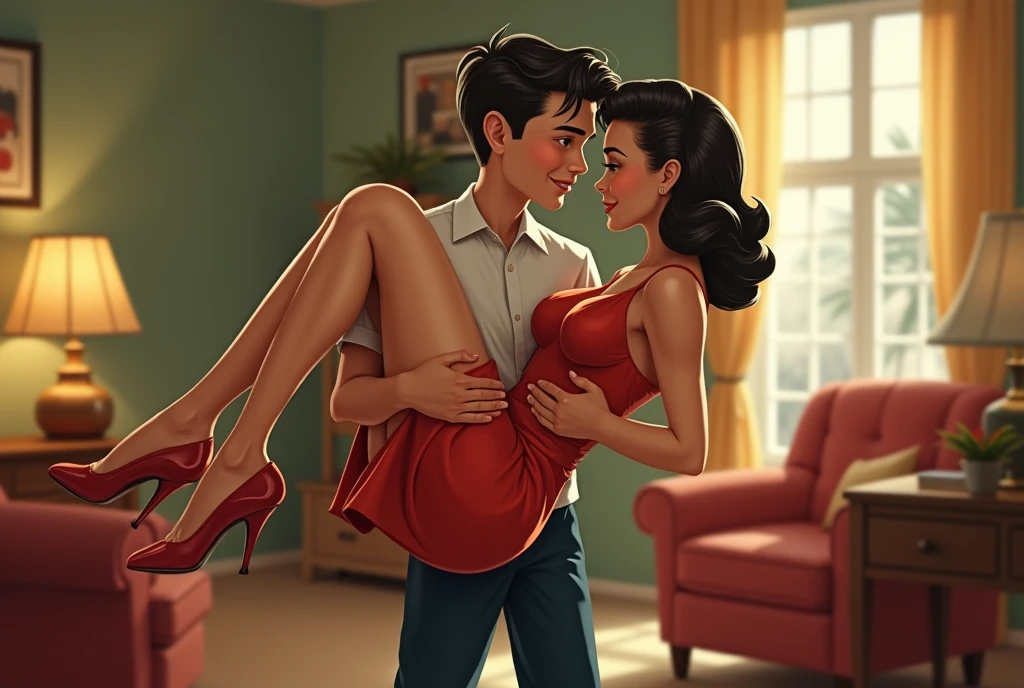 "Pop art style illustration of a woman in a red dress giving a massage to a man who is lying in bed wearing a white shirt. The woman has a concentrated and caring expression, gently touching the man's back and shoulders. The scene should convey relaxation and emotional connection, using a style that combines cartoon and caricature elements with vibrant and expressive colors. Ensure the background is simple, focusing on the bed and the couple, maintaining the representation of good taste and respect.
