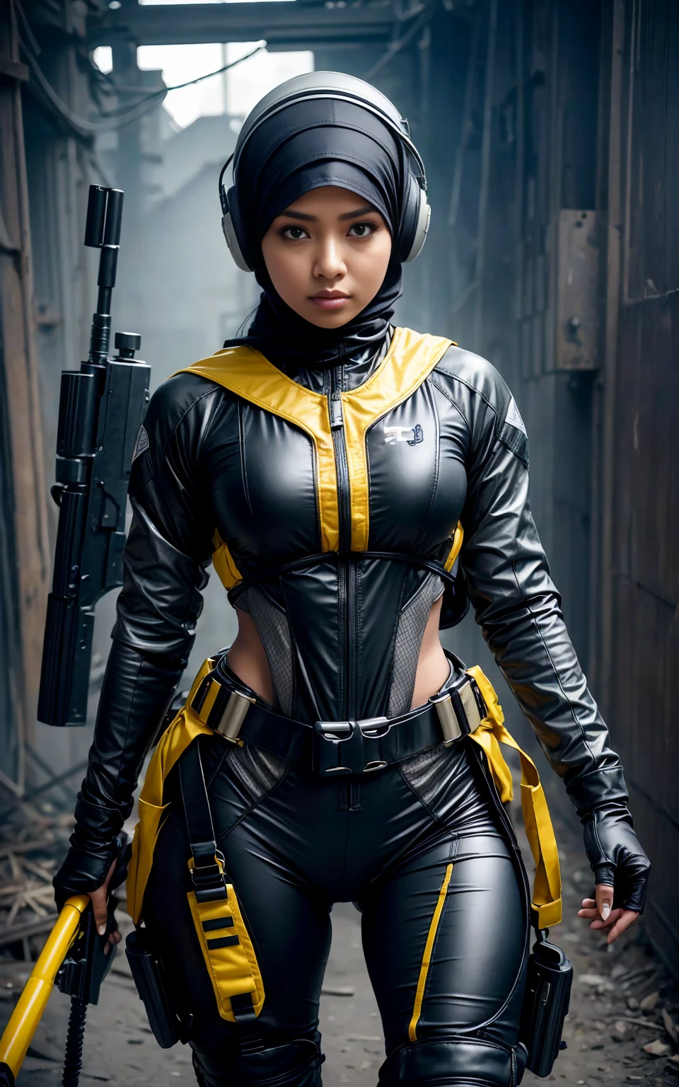 RAW, (Best quality, high resolution, work: 1.3), perfect lighting, 8k, Beautiful Indonesian woman in hijab, perfect fit body, ((wearing racing suit likes police uniform, black and grey mecha, wearing high-tech headset, military harness, cloths colored base on black and white and grey and red and yellow and blue), wearing a high-tech headset, military harness with hijab, holding a machinegun, background abandoned machines, ruin