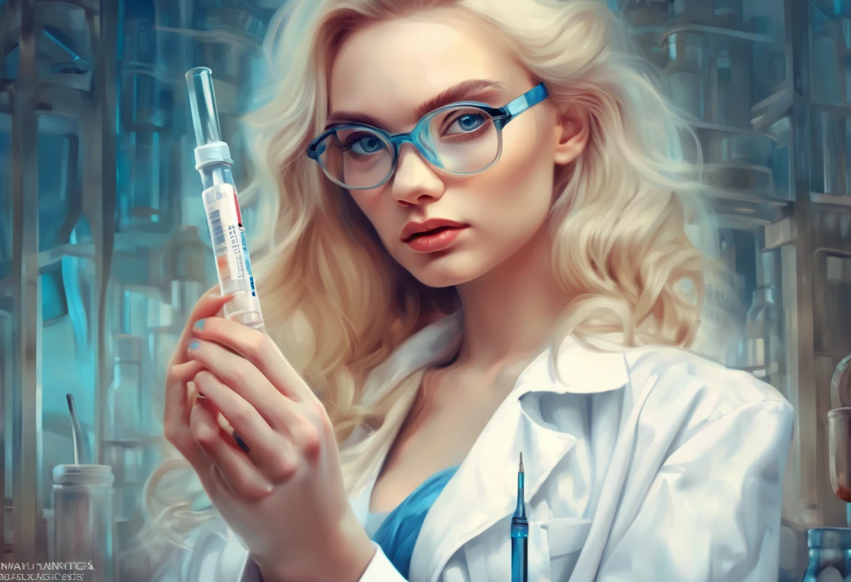 arafed woman in white dress holding a piórko in her hand, anna nikonova aka newmilky, holding syringe, holding a syringe, by Emma Andijewska, girl with glasses, wearing lab coat and glasses, long blonde hair and blue eyes, karol bak uhd, by Elena Guro, gorgeous woman