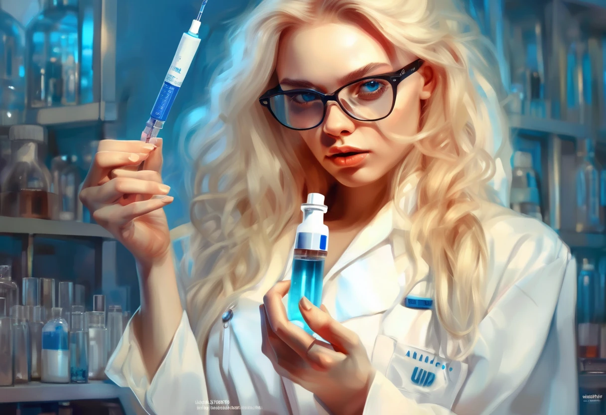 arafed woman in white dress holding a piórko in her hand, anna nikonova aka newmilky, holding syringe, holding a syringe, by Emma Andijewska, girl with glasses, wearing lab coat and glasses, long blonde hair and blue eyes, karol bak uhd, by Elena Guro, gorgeous woman