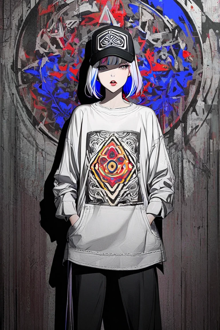 1girl, Alone, hat, hands_in_pockets, multicolored_hair, shadow, parted_lips, bangs, standing, white_shirt, looking_at_viewer, shirt,occult background