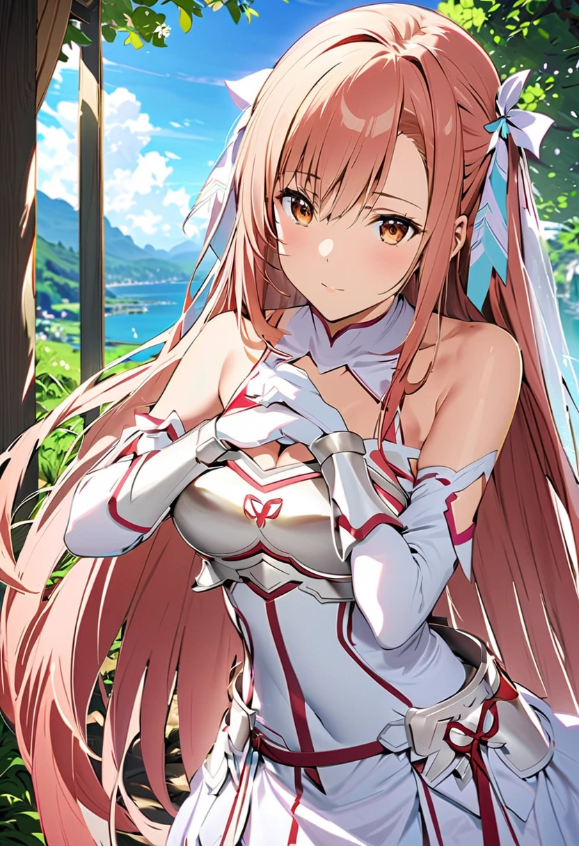 ((  Masterpiece )),   best quality ,  very detailed,( one girl),Yuki Asuna、Asuna (Stay),  Brown Eyes , Bare shoulders, breastplate, armor,  sleeve removed, Gloves, white Gloves,  dress, (red and white  dress),  long hair, Beautiful background ,Clothing,  Chest, 