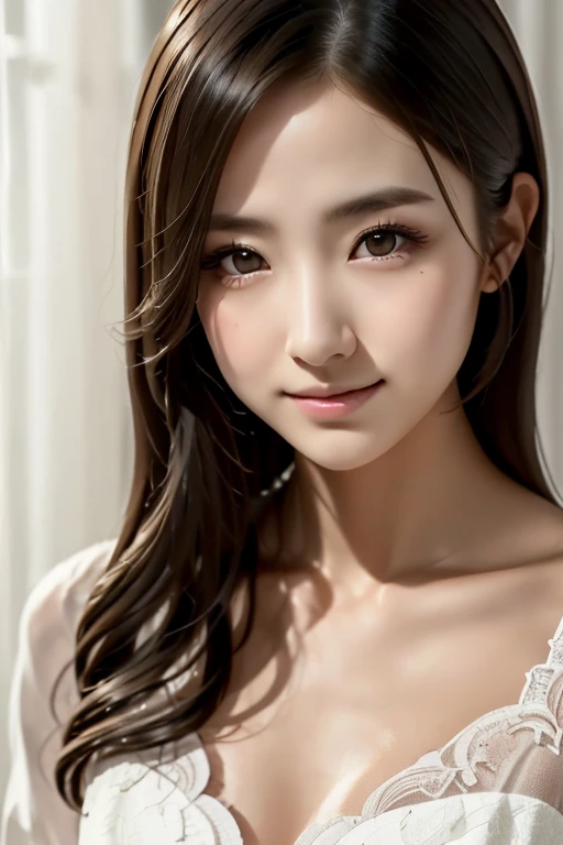 A beautiful 23 year old girl,Bursting F-cup ,White sheer mesh suspenders,Authentic full-body photos,ultraclear,Beautiful black pupils,,Sweet smiling,Delicate fair skin,photo-realistic,Exquisite and perfect facial features,eyes with brightness,二重まぶた,tall nose bridge,Feminine temperament,Fill your face light,Golden ratio figure,Delicate hair,Sexy terament,Fill your face light,Anterior convex and posterior,body art,closeup of face, Lip biting makeup, 超高分辨率,50 million pixel quality,