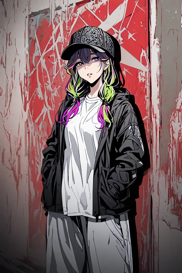 1girl, Alone, hat, hands_in_pockets, multicolored_hair, shadow, parted_lips, bangs, standing, white_shirt, looking_at_viewer, shirt,occult background