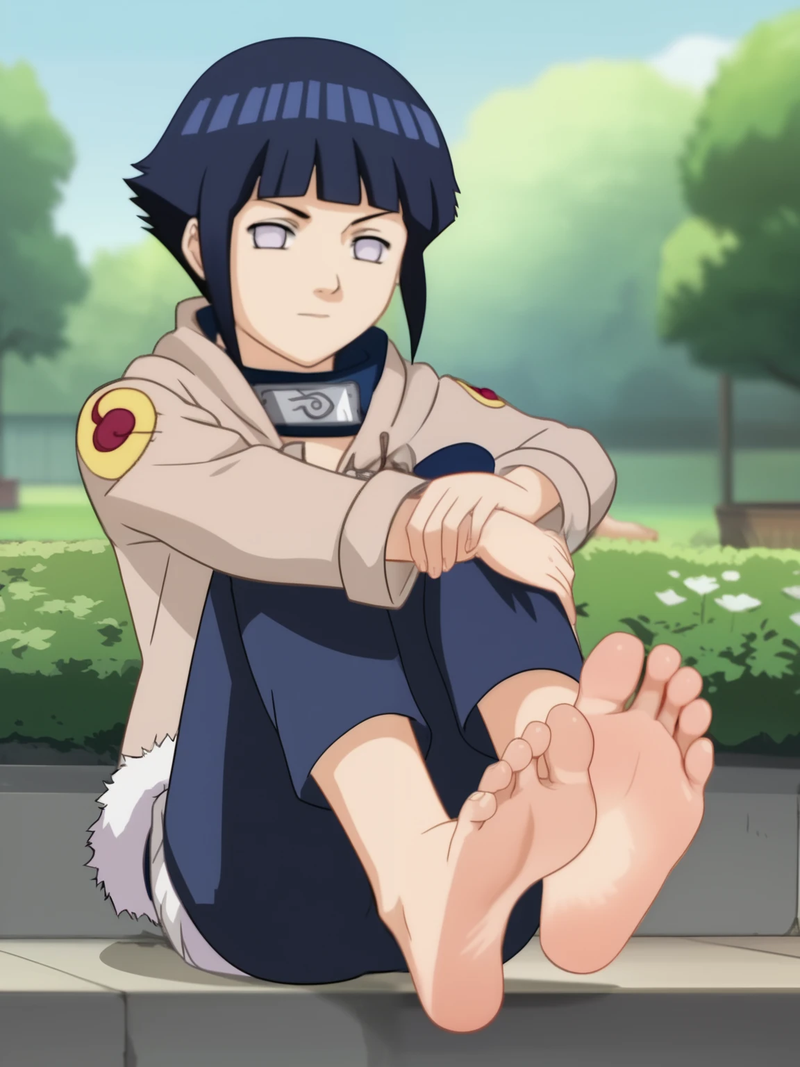 Score_9, score_8_up, source_anime, 1girl, Hinata Hyuga, alone, looking at viewer, in a garden, sitting, cowboy shot, ANIME SCREENCAP, anime coloring, barefoot, perfect feet, anatomically correct, soles, focal length 35mm, each foot has five toes, front, symmetrical soles, foot focus, lifting legs to show her feet, long skinny pants