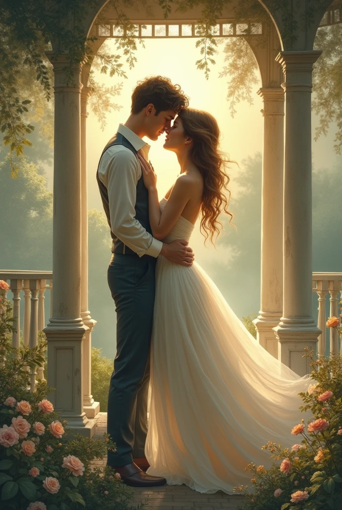 casal olhando o espectador, romantic expressions, soft-lighting, fundo desfocado, atmosfera acolhedora