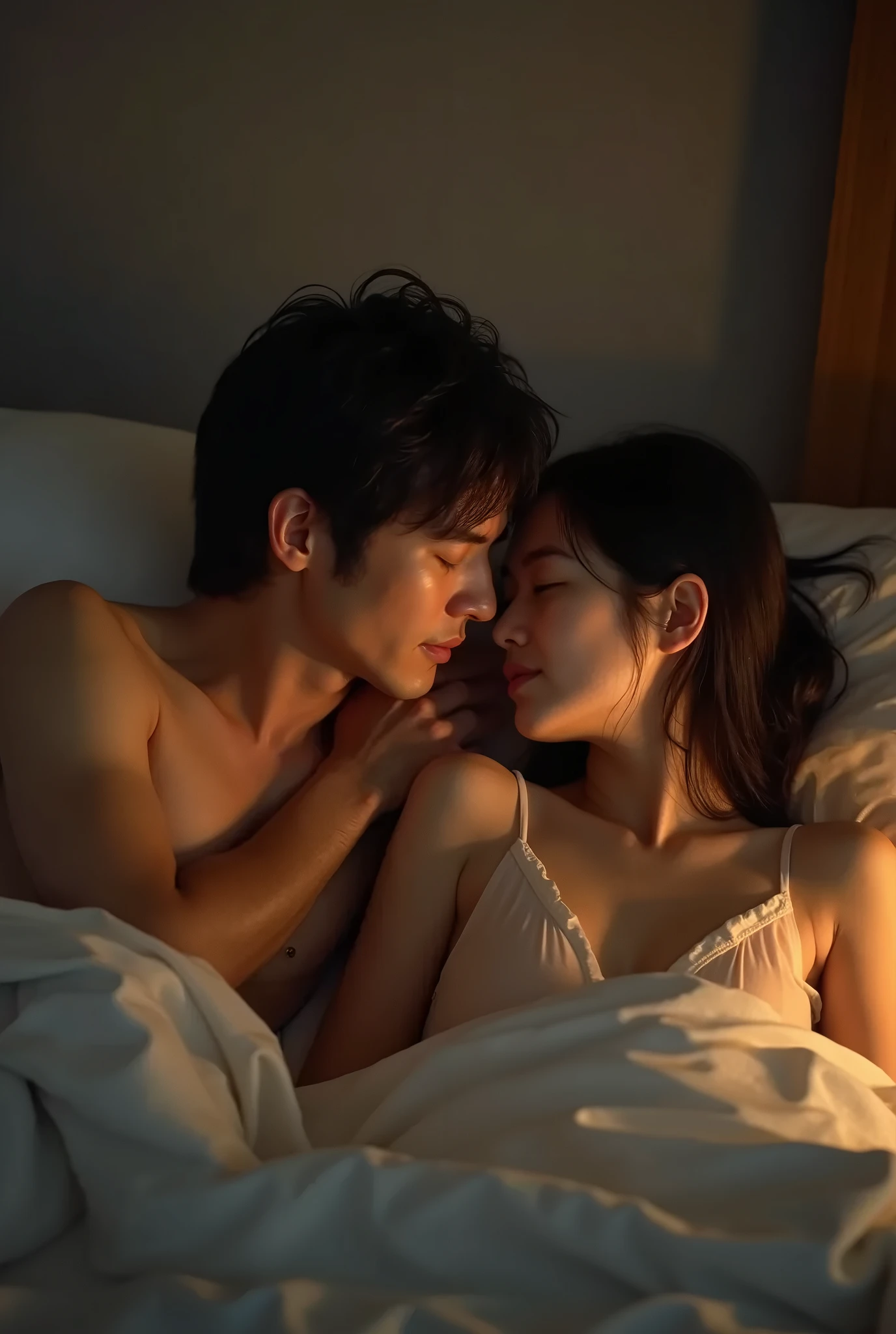 Japanese、Lying on the bed, making love naked、Concept Art,Love Theme、To have children,photograph,1 person,1 personの全裸の女の子,kiss,Heterosexual,Brown Hair,close your eyes,Naked Men,blush,Black Hair,clavicle,Couple,indoor,Medium Hair,Put your hand on someone else's chest、Pinch your nipples、Massage the breasts、Put your hand on someone else's chest,Long Hair,