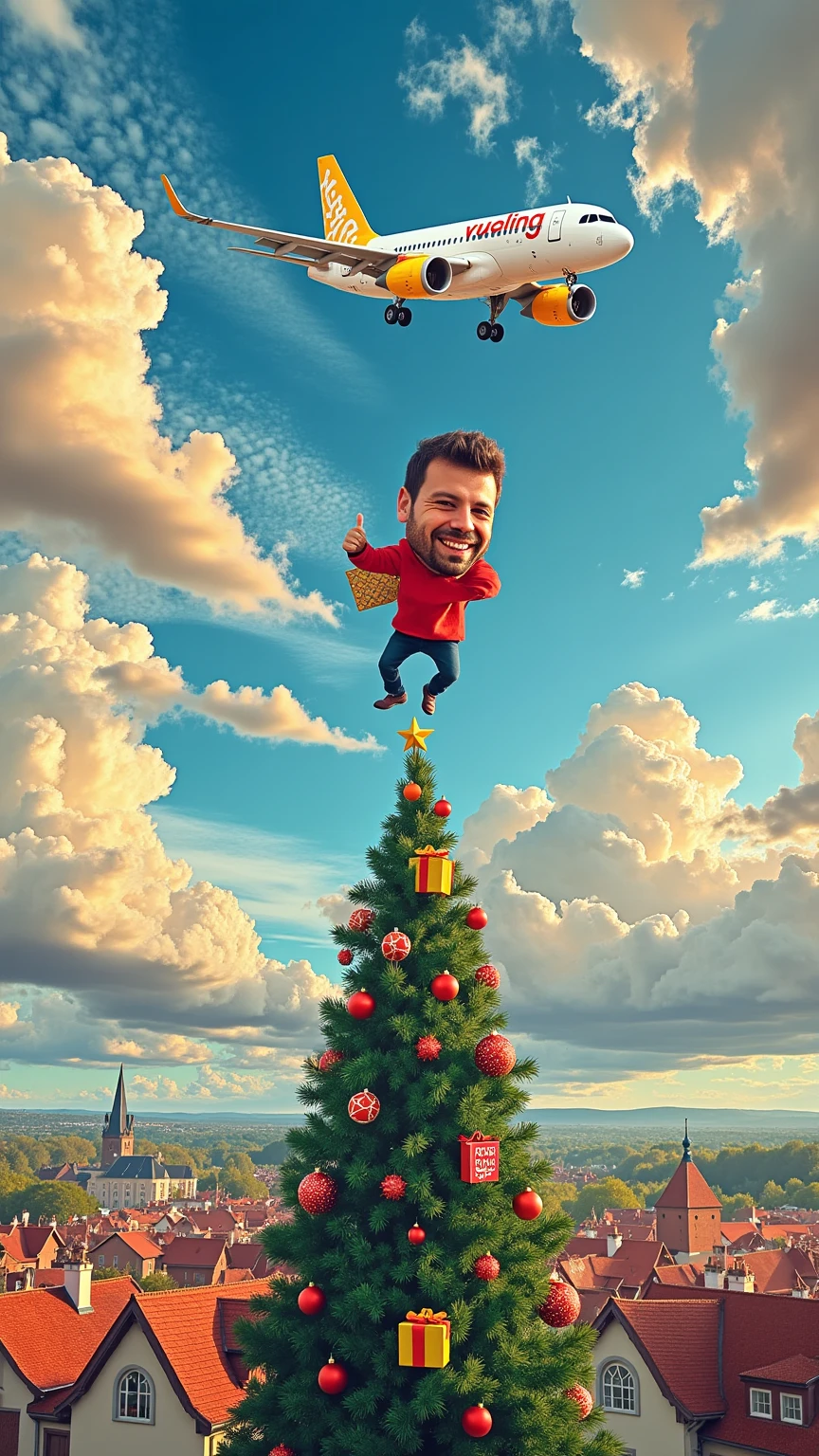 A whimsical caricature of a man hugging a Vueling airplane mid-flight. The airplane is white with yellow details, soaring through a picturesque sky filled with fluffy, vibrant clouds. The scene is viewed from above, revealing a charming French village below, adorned with festive Christmas decorations. A magnificent Christmas tree nearly touches the clouds, creating a magical atmosphere. Vibrant colors, cartoonish exaggeration, and a joyful holiday ambiance.
