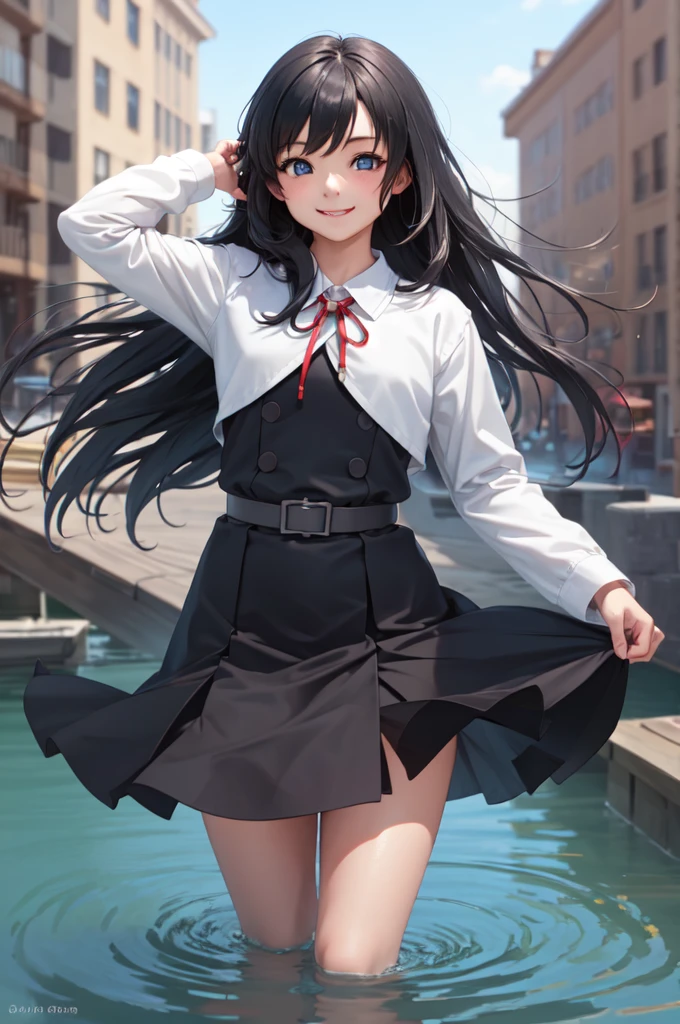 (masterpiece, best quality:1.2), cowboy shot, solo, 1girl, asashioknd, smile, looking at viewer, wading, white shirt, black dress, pinafore dress, neck ribbon, long sleeves, black pantyhose, belt