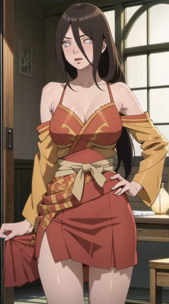 An anime-style artwork depicting yor from the anime spy x family
Tags: Yor Forger, holding, black hair, (shot kimono:1.1), hairband, sidelocks, looking at viewer, bare shoulders, standing, earrings, short hair with long locks, jewelry, closed mouth, bangs, anime, detailed eyes, detailed lips, ass, 1girl, red eyes, (black hair:1.1), solo, huge breasts, smiling expression, intense gaze, dynamic pose, indoor, palace, vibrant colors, digital art, high-resolution, professional quality, gigantic breasts, cleavage), curvy, cowboy shot, (gigantic breasts: 1.4),