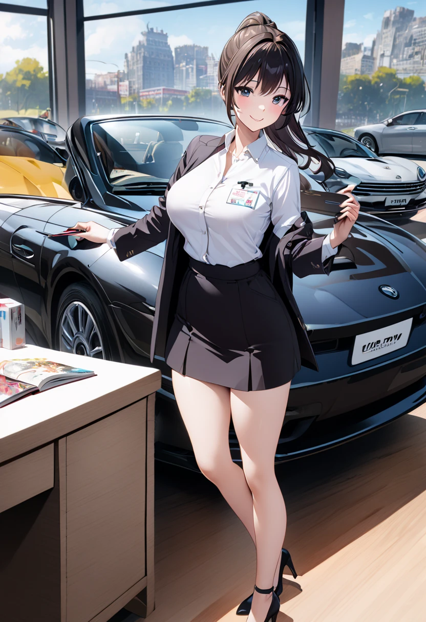  best quality、 Ultra Precise 、Detailed drawing、 vibrant colors、alone、Beautiful girl 、Age 30、Car Shop、table、Beautiful big boobs、 business suit、 shirt that seems to break、Name tag、 Mini Skirt、 black stockings、 high heels、Catalog book in hand 、smile、Beautiful figure、 ponytail、Butt、 see here、 slender figure、Accurate depiction、 anime style illustration、
