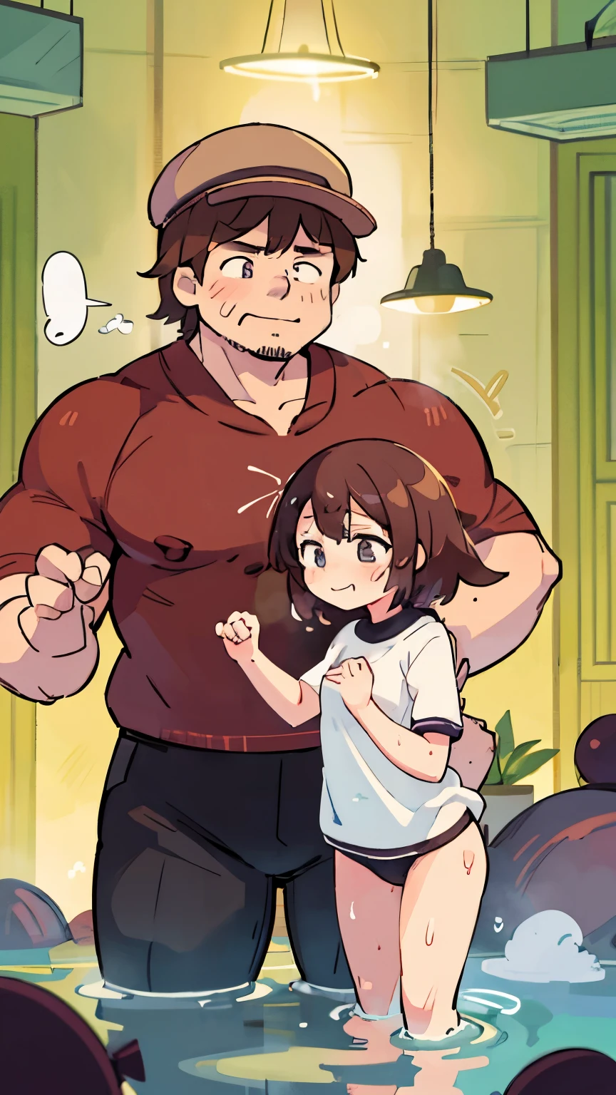    staring fascinatingly at a short young girl and a big muscular guy, nakedの女の子、I'm staring fascinatingly at the viewer ,   Thin Thighs  ,
, , (wicked smile:1.2), naked、  brown hair,  Cheeky, ,
A manly man holds a girl's hand  &#39;shoulder,
An absurd solution,   very detailed,   best quality,   cute illustration ,((steam,sweat,))、  a big man and a girl are clinging together  、 Love Hotel Section、  Perfect Anatomy  