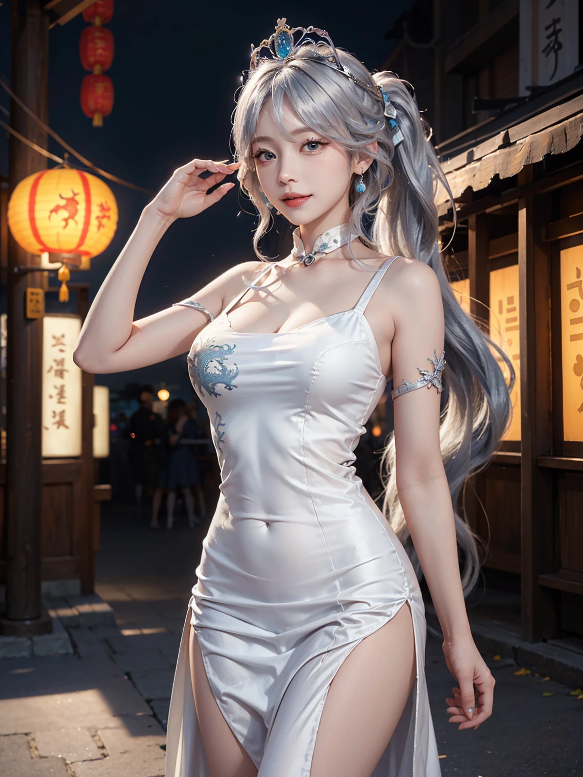 ghighest quality、8k Masterpiece、ultraA high resolution、(Photorealistic:1.3)、RAW Photos、((Ultra-Realistic Details))、Portrait、Global Illumination、Shadow、Octane Rendering、8k、Super sharp、soft、warm colors、Very intricate details、Realistic Light、CGSoation Trend、1 girl、30 years old, Silvery white hair、Glowing Skin、Beautiful and shining eyes、Beautiful breasts、To the camera、Neon Details、Landscapes of unimaginable beauty、100 Light of japanese red lanterns、Swirl、samurai girl in the center、female、sexy、Healthy Body、Japanese、A beauty that everyone falls in love with、smile、whole body, fantasy, , fantasy, charm