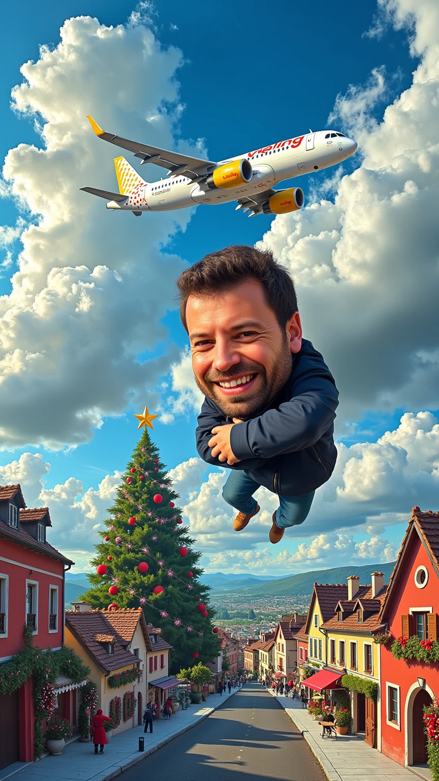 A whimsical caricature of a man hugging a Vueling airplane mid-flight. The airplane is white with yellow details, soaring through a picturesque sky filled with fluffy, vibrant clouds. The scene is viewed from above, revealing a charming French village below, adorned with festive Christmas decorations. A magnificent Christmas tree nearly touches the clouds, creating a magical atmosphere. Vibrant colors, cartoonish exaggeration, and a joyful holiday ambiance.
