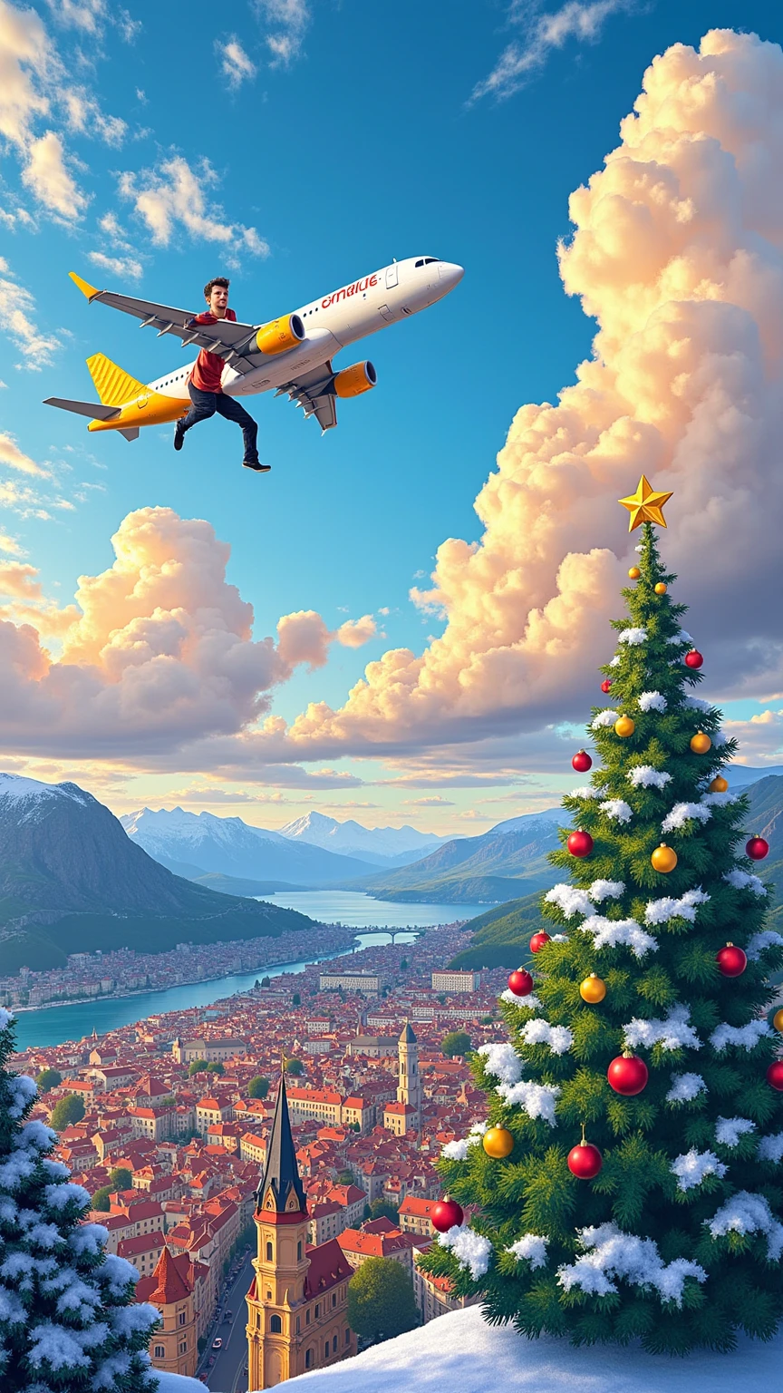 Cartoon-style illustration of a man clinging to a white Vueling airplane flying high in the sky, with its signature yellow accents. The view is from above, showcasing a stunning sky with soft, colorful clouds. Below, a beautifully decorated French village sparkles with Christmas lights and ornaments. A towering Christmas tree, almost reaching the clouds, stands out as the centerpiece. Playful, vibrant, and festive vibes dominate the artwork.
