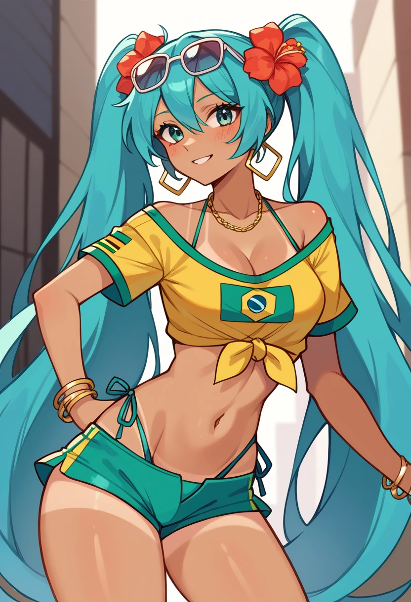 masterpiece, Hatsune Miku, masterpiece, Hatsune Miku, brmeek, twintails, long hair, dark-skinned female, tanlines, hair flower, hoop earrings, eyewear on head, necklace, yellow v neck crop top , midriff, jewelry, belly chain, bracelet, bikini under clothes, side-tie bikini bottom, short shorts, brazilian flag print, single bare shoulder, side tie, tied shirt, nsfw, cleavage, breasts, nipples